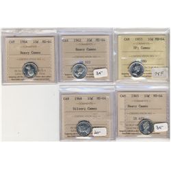 1953 10¢ SF Cam, 1962 HC, 1964 HC, 1965 HC & 1968 Silv, Cameo ICCS MS64.  Lot of 5 coins.