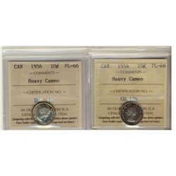 1954 & 1956 10¢ ICCS PL66 Heavy Cameo.  Lot of 2 coins.