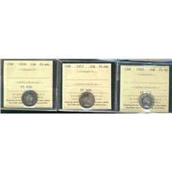 1955 10¢, 1957 & 1958 ICCS PL66.  Lot of 3 coins.