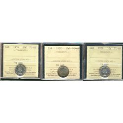 1955 10¢, 1957 & 1958 ICCS PL66.  Lot of 3 coins.