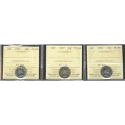1955 10¢, 1957 & 1959 ICCS PL66.  Lot of 3 coins.