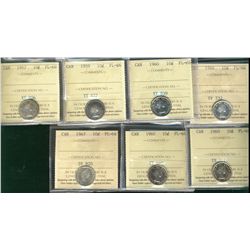 1957 10¢, 1959, 1960(3), 1964 & 1967 ICCS PL66.  Lot of 5 coins.