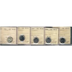 1956 10¢, 1977, 2007, 2008 & 2009 ICCS MS65.  Lot of 5 coins.