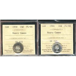 1958 & 1964 10¢ ICCS PL66 Heavy Cameo.  Lot of 2 coins.