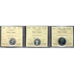 1964 10¢ & 1966 PL66 along with 1970 5¢ PL65.  Lot of 3 ICCS coins all designated  Heavy Cameo.