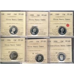 1987 10¢, 1988, 1989, 1994, 1995 & 2006 Silver ICCS PF68 Ultra Heavy Cameo.  Lot of 6 coins.