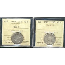 1880H Wide 0 & 1927 25¢ ICCS VG 8.  Lot of 2 key issues.