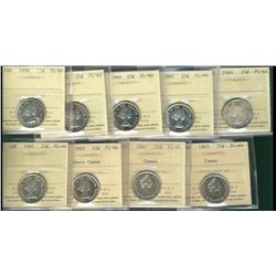 1958 25¢, 1960(5), 1963HC & 1967(2) Cameo ICCS PL64.  Lot of 9 coins.