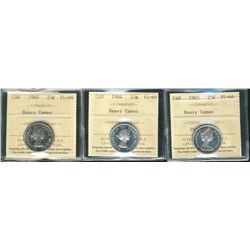 1960 25¢, 1964 & 1965 ICCS PL65 Heavy Cameo.  Lot of 3 coins.