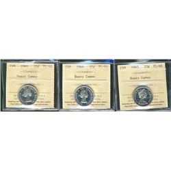 1961 25¢, 1964 & 1965 ICCS PL65 Heavy Cameo.  Lot of 3 coins.