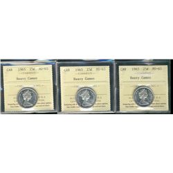 1965 25¢ ICCS MS65 Heavy Cameo.  Lot of 3 coins.