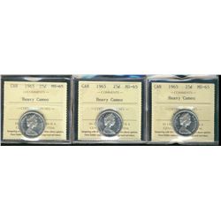 1965 25¢ ICCS MS65 Heavy Cameo.  Lot of 3 coins.