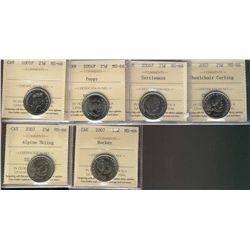 2001P 25¢, 2004P Poppy, 2004P Settlment, 2007 Wheelchair Curling, Apine Sking & Hockey ICCS MS66.  L