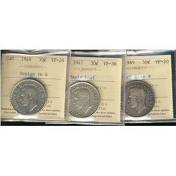 1946 Des & 1949 Hoof 50¢ ICCS VF20 along with 1947 ML VF30.  Lot of 3 popular types.