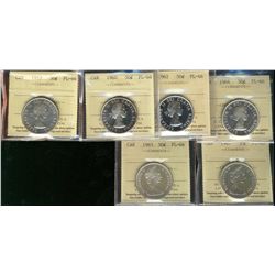 1957 50¢, 1960, 1962, 1964, 1965 & 1967 ICCS PL66.  Lot of 6 coins.