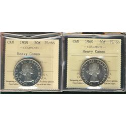 1959 & 1960 50¢ ICCS PL66 Heavy Cameo.  Lot of 2 coins.