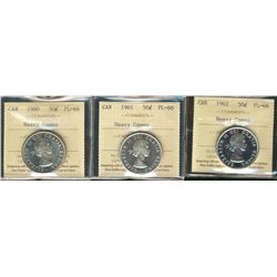 1960 50¢, 1961 & 1962 ICCS PL66 Heavy Cameo.  Lot of 3 coins.
