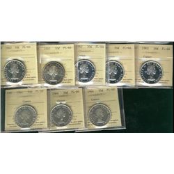 1960(2) 50¢, 1962(3) & 1964(3) ICCS PL66.  Lot of 8 coins, some with Cameo designations.