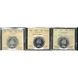 1961 50¢, 1962 & 1964 ICCS PL66 Heavy Cameo.  Lot of 3 coins.