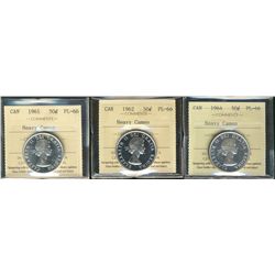 1961 50¢, 1962 & 1964 ICCS PL66 Heavy Cameo.  Lot of 3 coins.