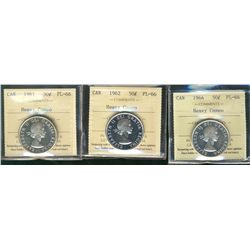 1961 50¢, 1962 & 1964 ICCS PL66 Heavy Cameo.  Lot of 3 coins.