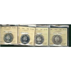 1961 50¢, 1962, 1963 & 1965 ICCS PL66 Heavy Cameo.  Lot of 4 coins.