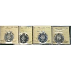 1961 50¢, 1962, 1963 & 1965 ICCS PL66 Heavy Cameo.  Lot of 4 coins.
