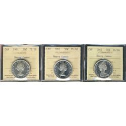 1961(2) & 1965 50¢ ICCS PL66 Heavy Cameo.  Lot of 3 coins.