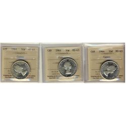 1964 50¢ ICCS MS65 Cameo.  Lot of 3 coins all full white.