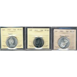 1965 50¢ & 2011 ICCS MS65.  Also includes 1967 MS64 Cameo.  Lot of 3 coins. 1965 designated Heavy Ca
