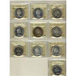 1951 1$, 1965(2) SmBds Blt 5HC, 1965(2) Type V & 1967 (3) MS62 along with 1956(2) MS60. Lot of 10 co