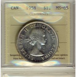 1958 $1 ICCS MS65.  Light scattered gold shades.