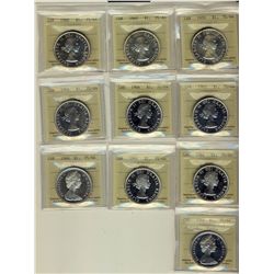 1959 $1, 1960, 1960, 1962, 1964 Missing Dot(2), 1964(2) & 1966(2) ICCS PL64.. Lot of 10 coins with s