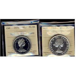 1961 & 1974 Nickel $1 ICCS PL66.  Lot of 2 coins with the 1974 bearing designation of Heavy Cameo.