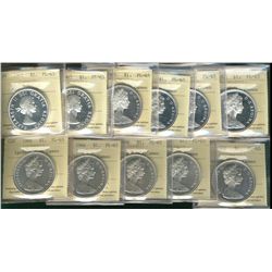 1963(2) $1, 1965 SmBds Blt, 1966(8) ICCS PL65 Heavy Cameo.  Two coins designated as 1965 are in fact