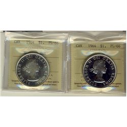 1964 & 1964 Missing Dot $1 ICCS PL66.  Lot of 2 coins.