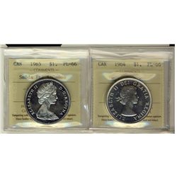 1964 Missing Dot $1 & 1965 SmBds Ptd 5 ICCS PL66.  Lot of 2 coins with 1965 designated Cameo.