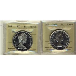 1964 Missing Dot $1 & 1965 SmBds Ptd 5 ICCS PL66.  Lot of 2 coins with 1965 designated Cameo.