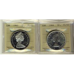 1964 Missing Dot $1 & 1965 SmBds Ptd 5 ICCS PL66.  Lot of 2 coins with 1965 designated Cameo.