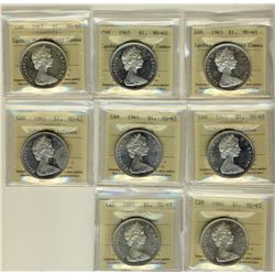 1965 $1 LgBds Ptd HC(3), SmBds Blt Cameo, SmBds Ptd(2) & Type V(2) ICCS MS63.  Lot of 8 coins.