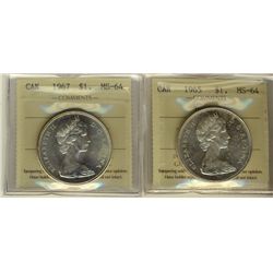 1965 Type V & 1967 $1 ICCS MS64.  Lot of 2 coins.