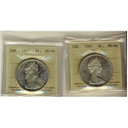 1965 Type V & 1967 $1 ICCS MS64.  Lot of 2 coins.