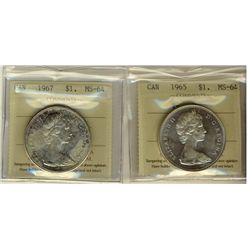 1965 Type V & 1967 $1 ICCS MS64.  Lot of 2 coins.