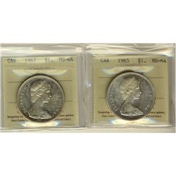 1965 Type V & 1967 $1 ICCS MS64.  Lot of 2 coins.