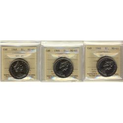 1968 $1 DHL#1 ICCS MS65.  Lot of 3 coins.