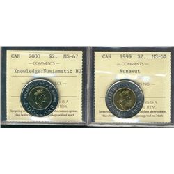 1999 $2 Nunavut MS67 & 2000 Knowledge MS67NBU.  Lot of 2 ICCS graded coins.