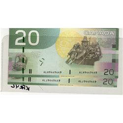 2005 $20 RADAR BC-64a(2).  Lot includes 2 notes with identical RADAR serial numbers. #ALH9449449 & A