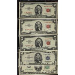USA $2 1953 F1509, F1512C, 1963 F1513*, 1953A $5 F1656A & 1981A $20 F2047B.  Lot of 5 notes all AU t