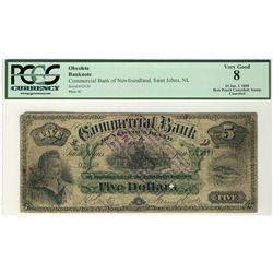 The Commercial Bank of Newfoundland 1888 $5 #02639, PCGS VG8. Scarcer Canceled example with punch an