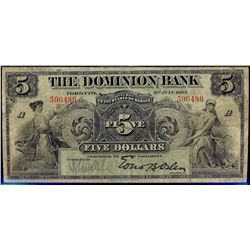 The Dominion Bank 1905 $5 #596486 CH-220-16-08 PMG VF25.